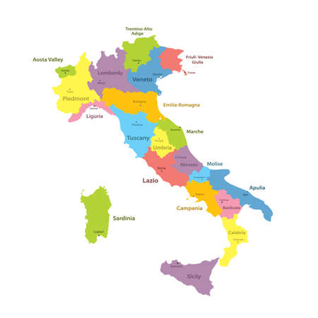 Italy regions map isolated on white background. Cartography map of Italian regional administrative borders. Vector stockのイラスト素材