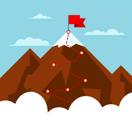 Mountain climbing route. Business concept. Hiking trip to the top of the mountain. Flag on the mountain peak. Way to successful business. Vector stockのイラスト素材