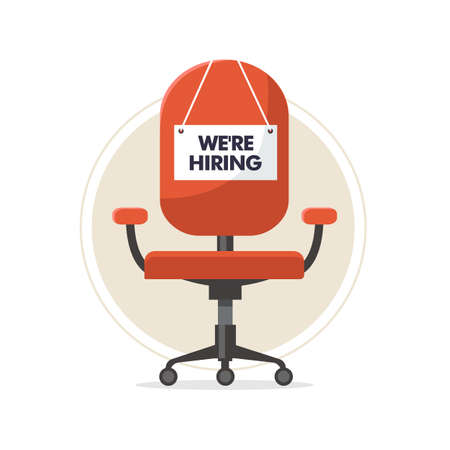 Job vacancy with chair isolated on white background. Business hiring and recruiting concept. Vacant position. Empty office chair with a sign we are hiring. Vector stockのイラスト素材