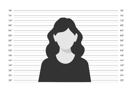 Silhouette of anonymous woman in mugshot lineup isolated on white background. Front view of suspect silhouette. Criminal mugshot. Vector stockのイラスト素材