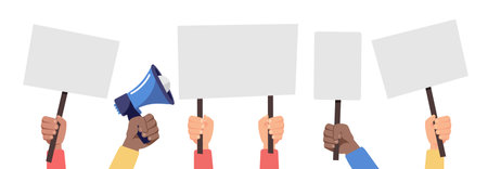 People holding placards isolated on white background. People against violence, descrimination, human rights. Protesters concept. Vector stockのイラスト素材