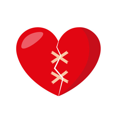Red broken heart isolated on white background. Broken heart with bandage. Vector stockのイラスト素材