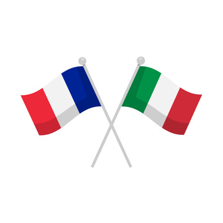 France and Italy crossed flags isolated on white background. Flag with metal pole. Vector stockのイラスト素材