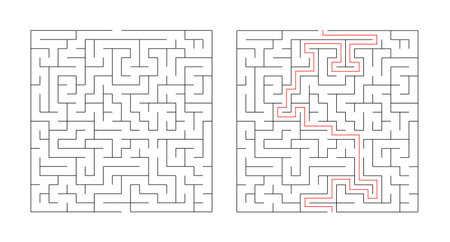 Square maze with the solution isolated on white background. Logic game labyrinth for kids. Labyrinth game way. Vector stockのイラスト素材