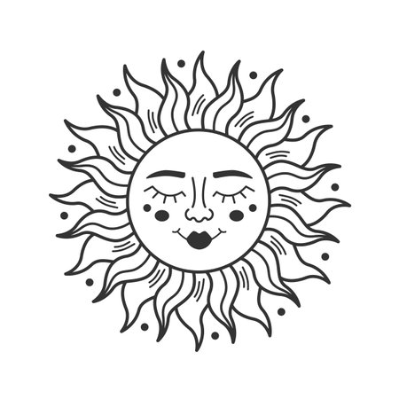 Sun with faces isolated on white background. Sun boho mystical sign for design, logo, tattoo. Bohemian style. Vector stockのイラスト素材