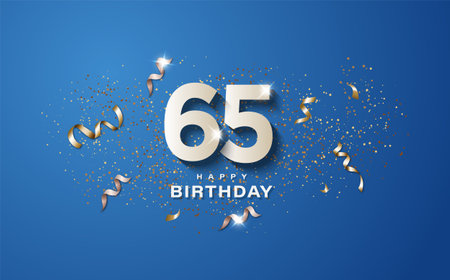 65th birthday with white numbers on a blue background. Happy birthday banner concept event decoration. Illustration stockの写真素材