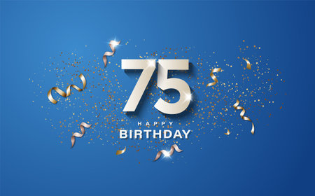 75th birthday with white numbers on a blue background. Happy birthday banner concept event decoration. Illustration stockの写真素材