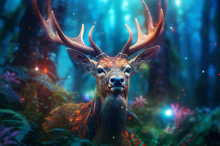 Cosmic deer in a mystic forest. Magic deer in fairy forest wallpaper. Fantasy and mythology. Generative AIの写真素材