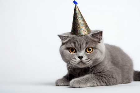 Cat with birthday hat on white background. Beautiful cat with party hat. Birthday concept. Generative AIの写真素材