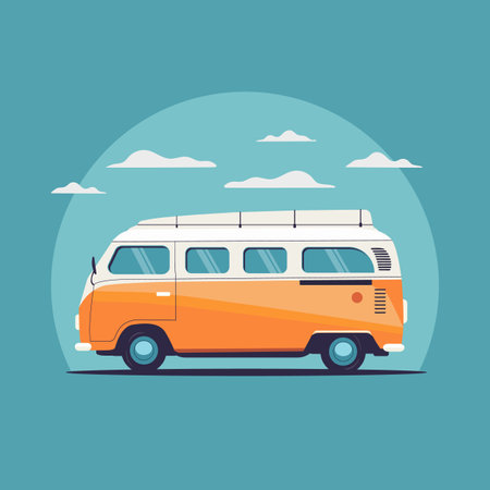 Colorful van life cartoon style. Traveling by van. Camper van. Minivan icon. Vector stockのイラスト素材