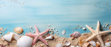 Seashells and starfish. Natural seashells with copy space. Summer background. Minimal style creative...