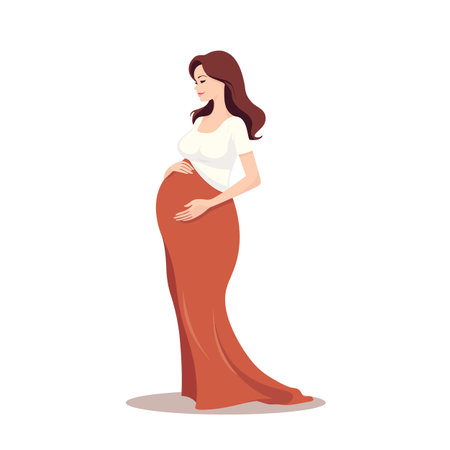 Happy pregnant woman holds her belly. Side view silhouette of a pregnant woman. Pregnancy motherhood concept. Vector stockのイラスト素材