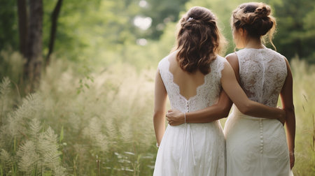 Lesbian couple wedding. Lesbian couple wearing white dresses. Equality concept. Generative AIの写真素材