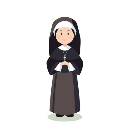 Nun flat isolated on white background. Cartoon nun with a cross. Christian catholic religious. Vector stockのイラスト素材