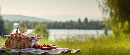 Picnic basket with fruit and bakery on meadow. panoramic view. Holiday, weekend spring, summer vacation concept. Generative AIの写真素材