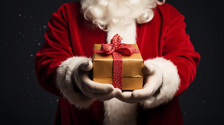 Santa Claus holds a gift in his hands. Close-up Santa's hands holding a gift. to generatives.の写真素材