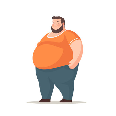 Fat man stands isolated on white background. Overweight man in cartoon style. Vector stockのイラスト素材