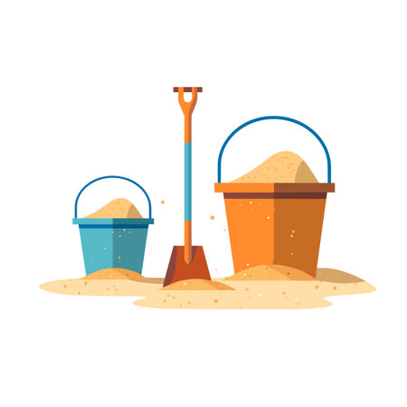 Buckets and scoop with pile of sand isolated on white background. Children play on the beach. Summer holiday. Vector stockのイラスト素材