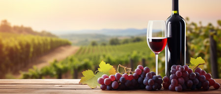 Red wine glass, bottle and fresh red grapes on wooden table over background of panoramic view of vineyards at sunset. Banner template with copy space. Generative AIの写真素材