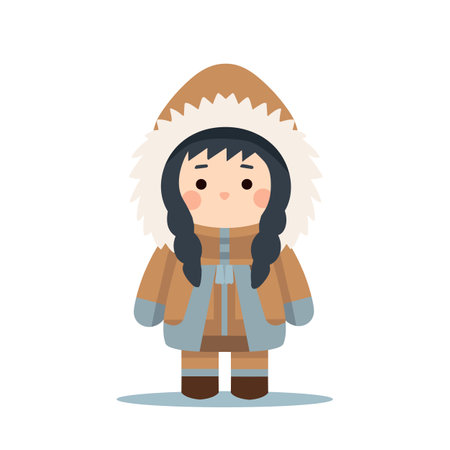 Cute eskimo girl in traditional snow fur coat. Chukchi girl in flat style isolated on white background. Vector stockのイラスト素材