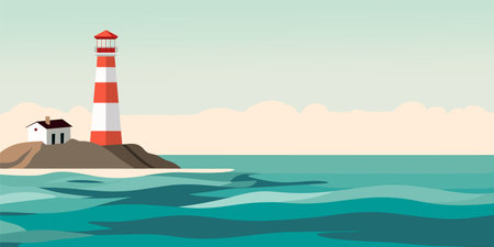Lighthouse on ocean landscape. Lighthouse on sea coast in flash style. Summer beach. Vector stockのイラスト素材