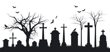 Black silhouette of cemetery with tombstones, crosses, gravestones, crows, bats and trees. Elements of cemetery. Graveyard landscape. Halloween concept. Vector stockのイラスト素材