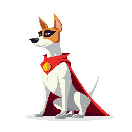 Dog superhero isolated on white background. Funny dog superhero character with red cape. Vector stockのイラスト素材