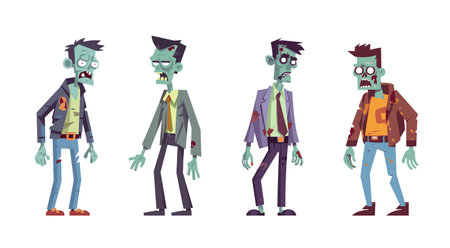 Set of zombies isolated on white background. Zombie character in flat style. Halloween cartoon concept. Vector stockのイラスト素材