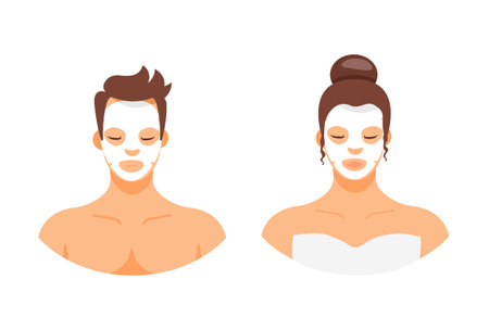 Man and woman with facial mask isolated on white background. Healthy beauty clean treatment. Fashion cosmetics skincare. Vector stockのイラスト素材