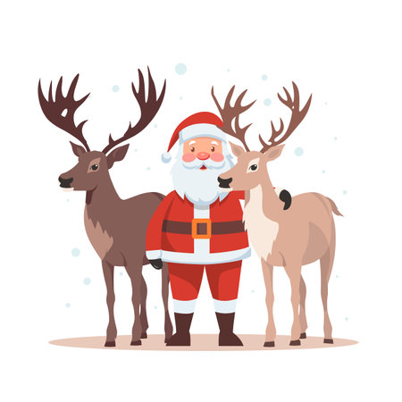 Santa claus with reindeer isolated on white background. Merry Christmas holiday cartoon character. Vector stockのイラスト素材