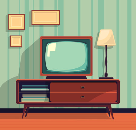 Retro interior with old television illustration. Analogue retro TV. Vector stockのイラスト素材