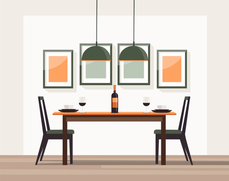 Empty dining room with table. Interior design dining room in flat style. Vector stockのイラスト素材