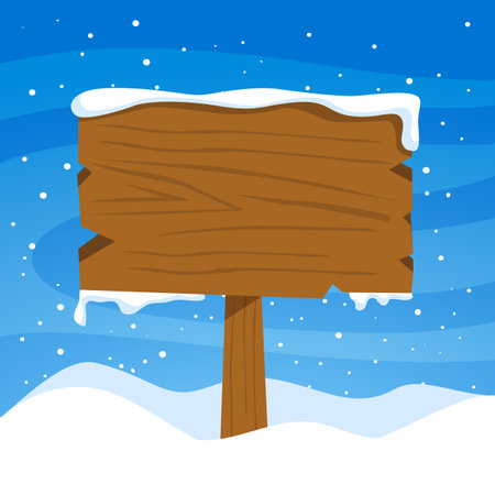 Christmas wood sign on winter background. Christmas wooden street signboard with snow. Christmas banner. Vector stockのイラスト素材