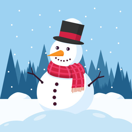 Snowman with winter landscape and snow. Christmas character design. Vector stockのイラスト素材
