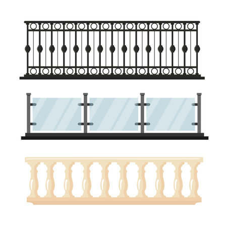 Set of different balcony railings isolated on white background. Vector stockのイラスト素材