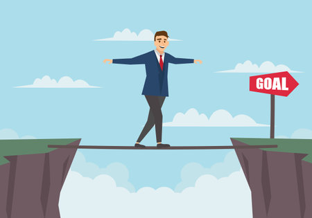 Businessman is walking on a board to another cliff. Business risk and success concept. Vector stockのイラスト素材