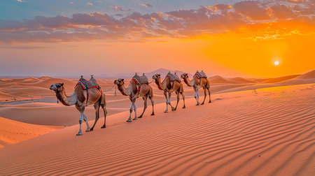 Camel at sunset in the desert. Beautiful desert landscape sunset. Camels walking on the desert.の素材