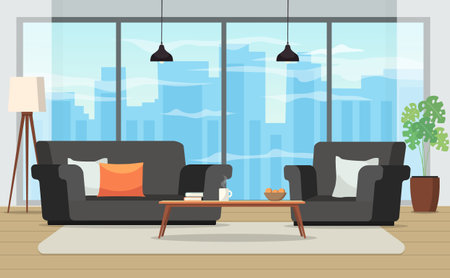Living room interior in flat style. Modern interior of the living with furniture. Vector stockのイラスト素材