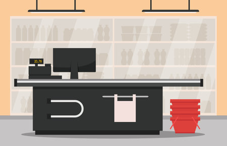 Empty supermarket store interior with shelves in flat style. Checkout counter. Interior store inside. Vector stockのイラスト素材