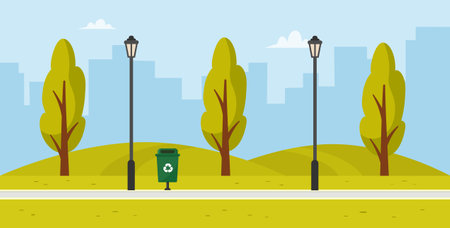 City park with downtown skyscrapers. Park landscape scene. Vector stockのイラスト素材