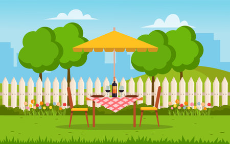 House backyard with table, chair, green lawn, fence and trees. Outdoor cartoon backyard background in flat style. Vector stockのイラスト素材
