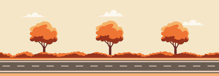 Straight empty road through the countryside. Cartoon landscape view with asphalt road background. Vector stockのイラスト素材