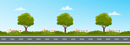 Straight empty road through the countryside. Cartoon landscape view with asphalt road background. Vector stockのイラスト素材