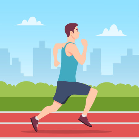 Man running on track in flat style. Vector stockのイラスト素材