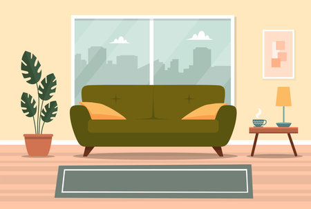 Living room interior in flat style. Modern interior of the living with furnitureのイラスト素材