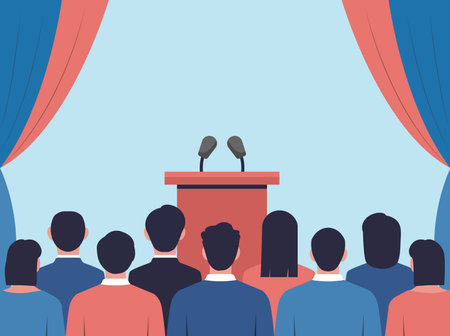 Empty press conference tribune with microphones. Conference with audience in hall. Media interviews. Vector stockのイラスト素材