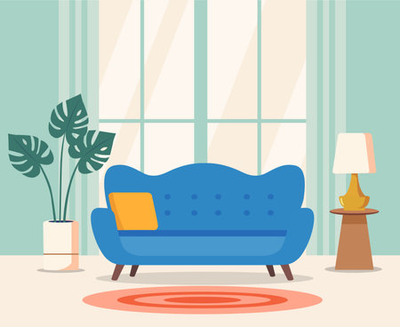 Living room interior in flat style. Modern interior of the living room with furniture.のイラスト素材