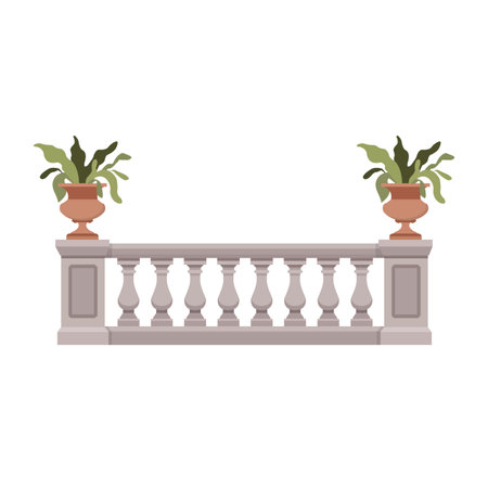 Classic balustrade with vases and plants in flat style isolated on white background. Vector stockのイラスト素材