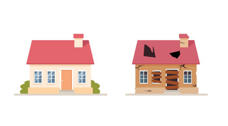 House before and after repair isolated oh white background. Old and new house concept. Vector stockのイラスト素材