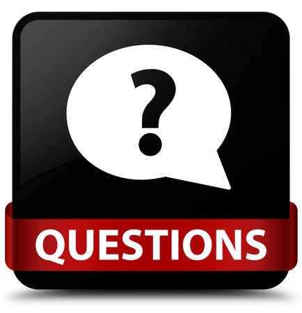 Questions (bubble icon) isolated on black square button with red ribbon in middle abstract illustrationの写真素材